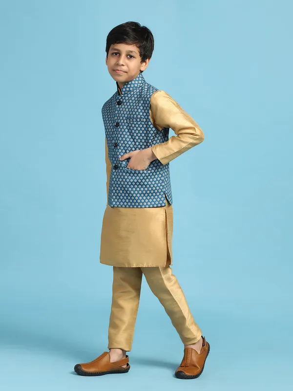 Blue_Printed_Jacket_With_Golden_Dupion_Kurta_Set_Blue