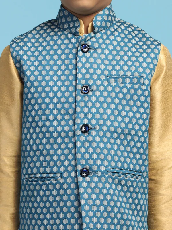 Blue_Printed_Jacket_With_Golden_Dupion_Kurta_Set_Blue
