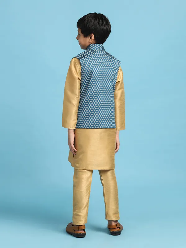 Blue_Printed_Jacket_With_Golden_Dupion_Kurta_Set_Blue