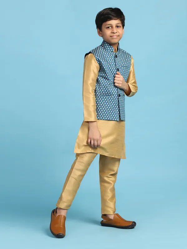 Blue_Printed_Jacket_With_Golden_Dupion_Kurta_Set_Blue