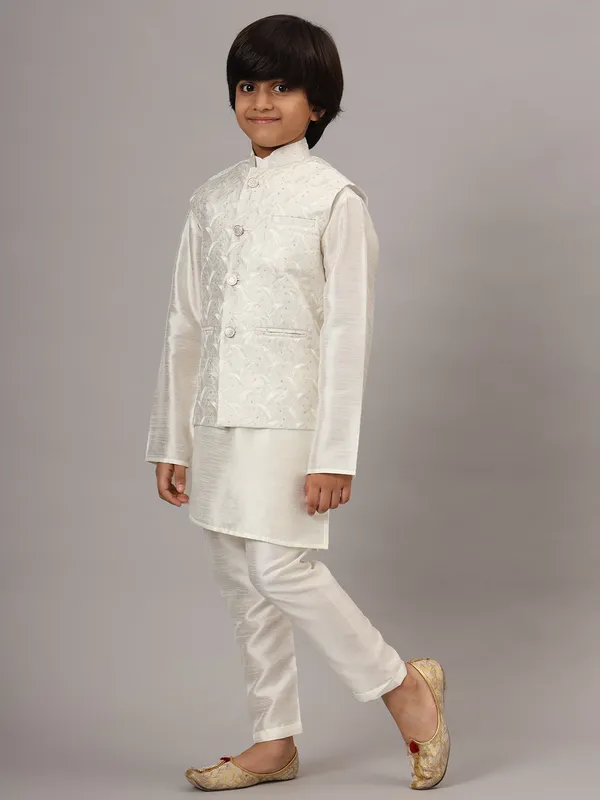 Boys_White_Kurta_Set_With_Embroidered_Nehru_Jacket_White