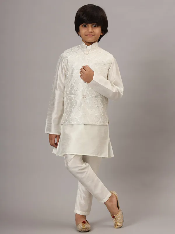 Boys_White_Kurta_Set_With_Embroidered_Nehru_Jacket_White