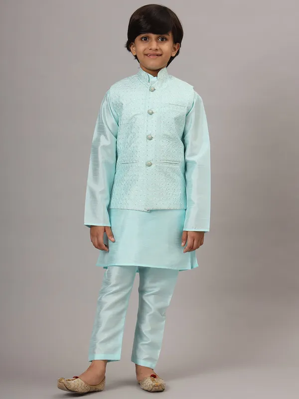 Boys_Blue_Kurta_Set_With_Embroidered_Nehru_Jacket_Blue
