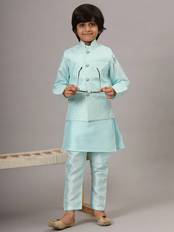 Boys_Blue_Kurta_Set_With_Embroidered_Nehru_Jacket_Blue