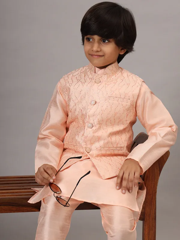 Boys_Peach_Kurta_Set_With_Embroidered_Nehru_Jacket_Peach