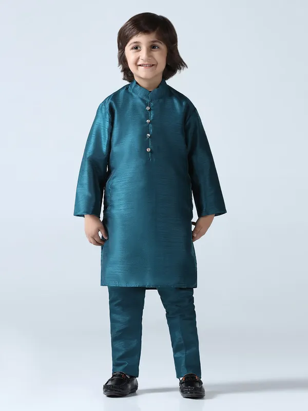 Boys_Turquoish_Dupion_Silk_Straight_Kurta_With_Trousers