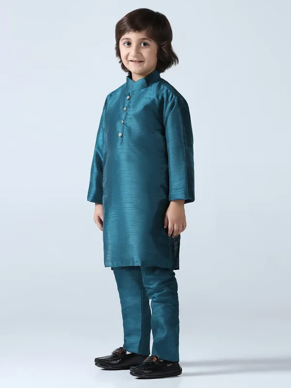 Boys_Turquoish_Dupion_Silk_Straight_Kurta_With_Trousers