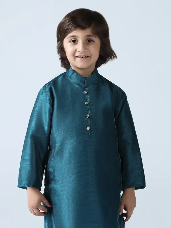 Boys_Turquoish_Dupion_Silk_Straight_Kurta_With_Trousers