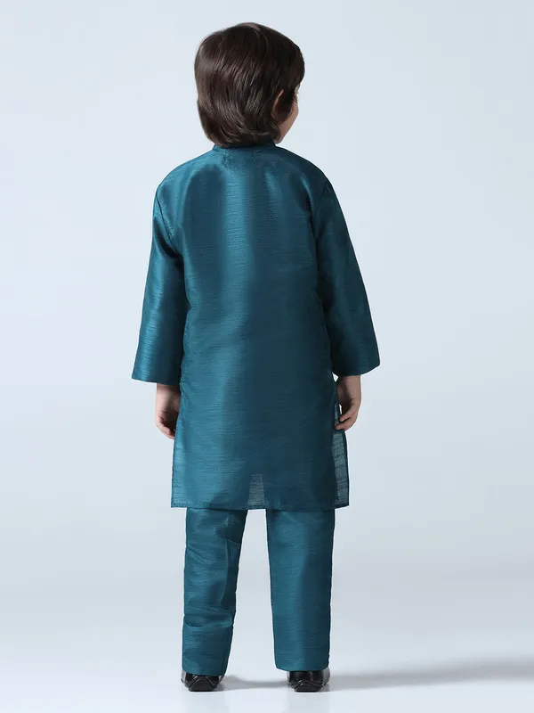 Boys_Turquoish_Dupion_Silk_Straight_Kurta_With_Trousers