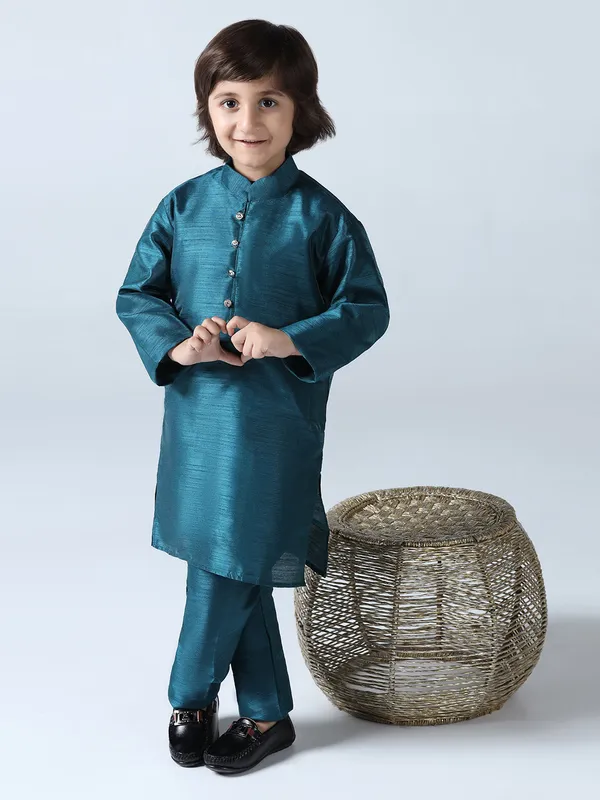 Boys_Turquoish_Dupion_Silk_Straight_Kurta_With_Trousers