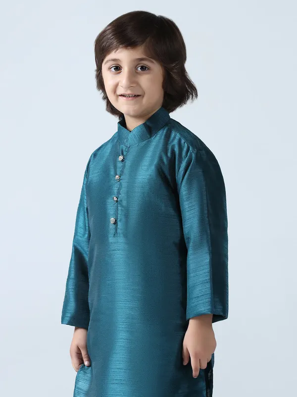 Boys_Turquoish_Dupion_Silk_Straight_Kurta_With_Trousers