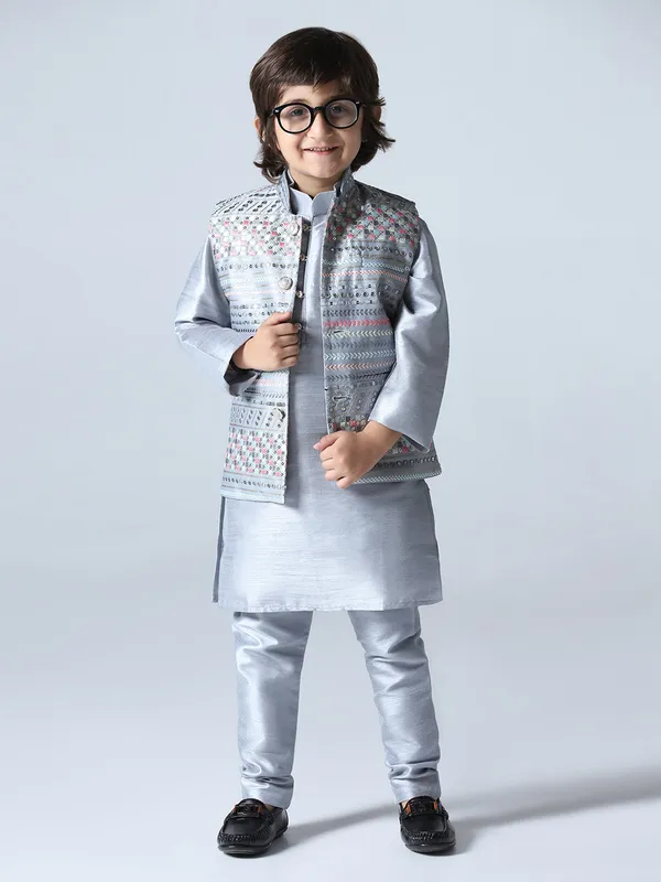 Boys_Grey_Embroided_Jacket_Kurta_Set
