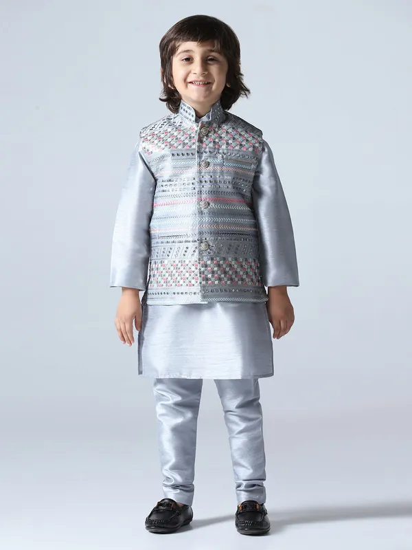 Boys_Grey_Embroided_Jacket_Kurta_Set