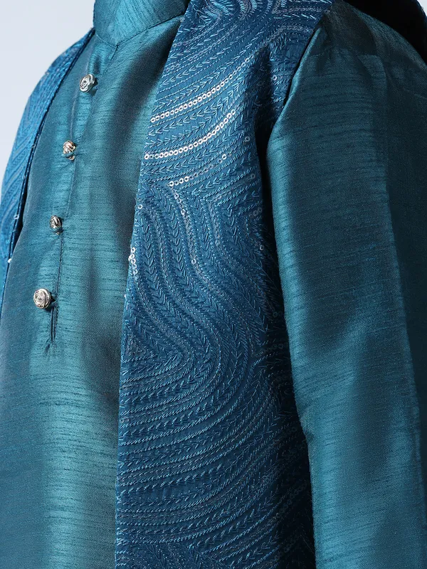 Boy_Turquoish_Embroided_Shrug_With_Kurta_Set