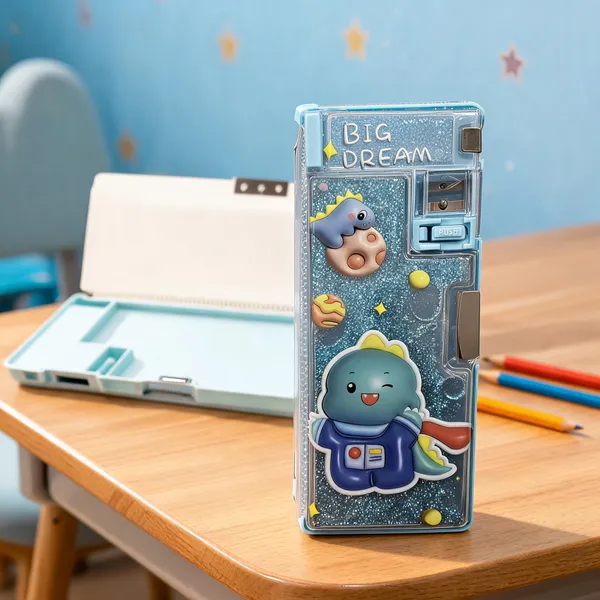 Blue_Glitter_Dinosaur_Print_Pencil_Box_With_Sharpener_For_Kids