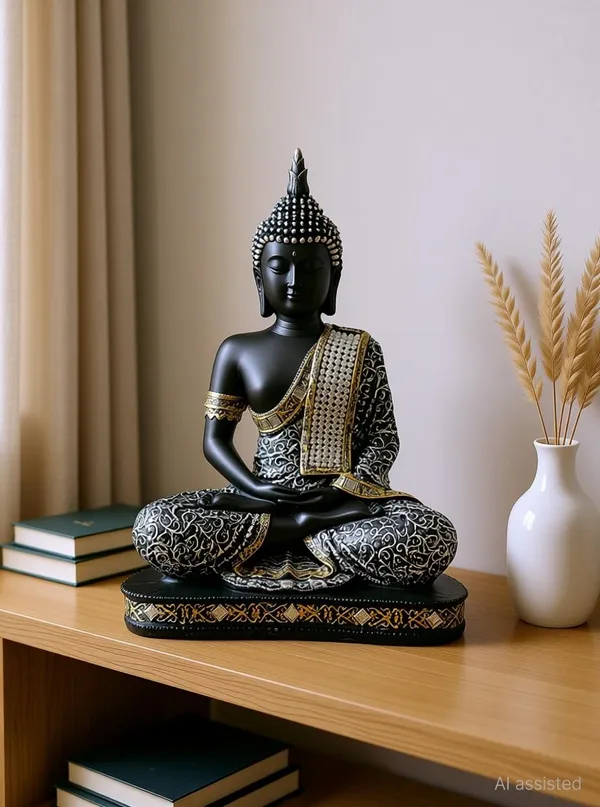 AELANA_GRAPHY_Gautam_Buddha_Statue_for_Home_decor_Big_Size_Decorative_Showpiece__-__18_cm_(Polyresin,_Grey,_Black)