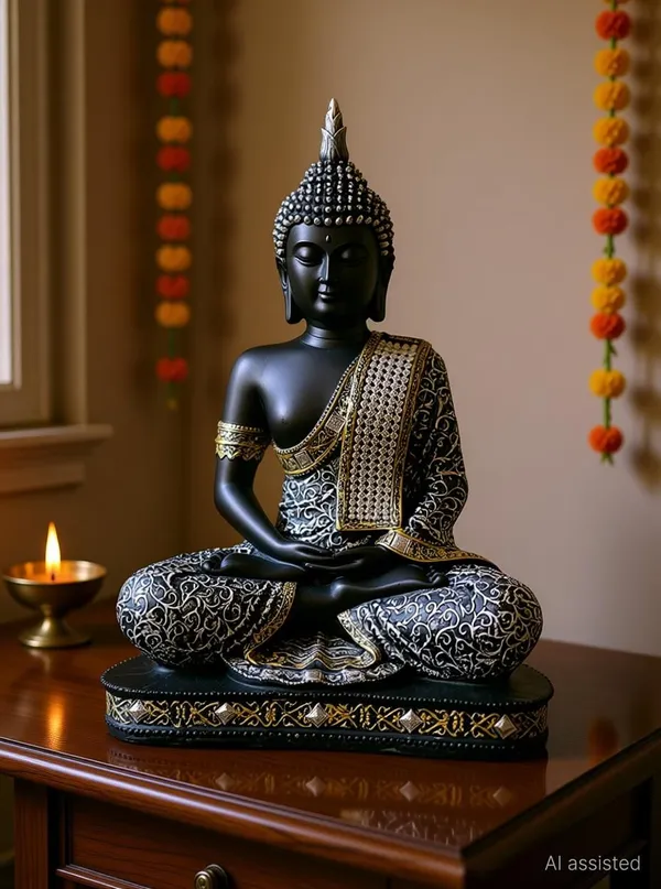 AELANA_GRAPHY_Gautam_Buddha_Statue_for_Home_decor_Big_Size_Decorative_Showpiece__-__18_cm_(Polyresin,_Grey,_Black)