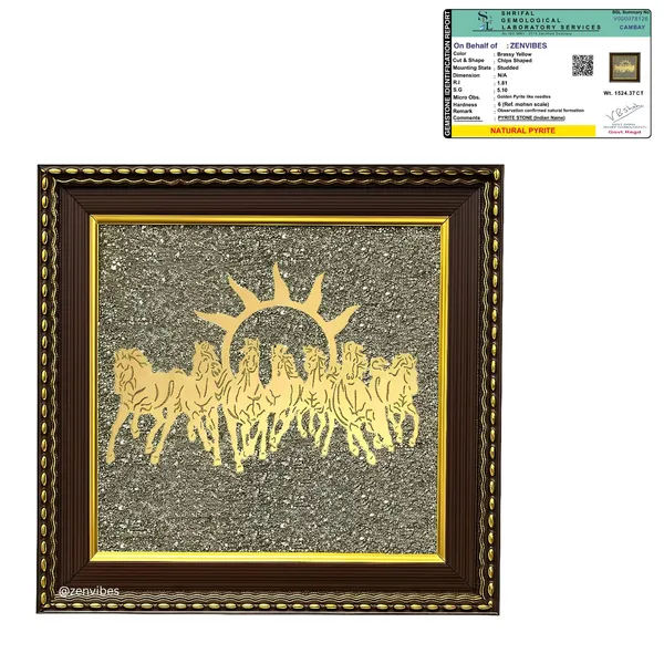 Zenvibes_Original_Pyrite_Stone_Frame_With_Vastu_7_Seven_Running_Horses_Sun_Wooden_Photo_Frame_Wall_Decor_For_Money_Wealth_Success_Protection_Certificate_Of_Authenticity_7x7_Inch_Wall_Desk_Decor