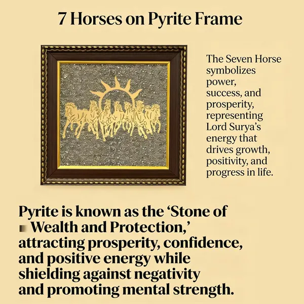 Zenvibes_Original_Pyrite_Stone_Frame_With_Vastu_7_Seven_Running_Horses_Sun_Wooden_Photo_Frame_Wall_Decor_For_Money_Wealth_Success_Protection_Certificate_Of_Authenticity_7x7_Inch_Wall_Desk_Decor