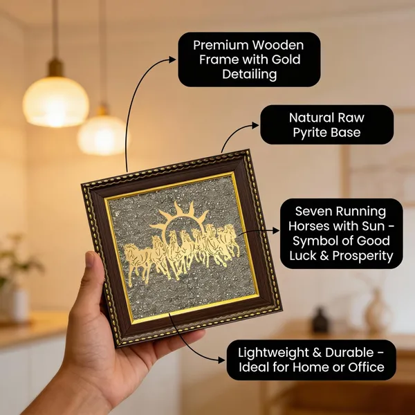 Zenvibes_Original_Pyrite_Stone_Frame_With_Vastu_7_Seven_Running_Horses_Sun_Wooden_Photo_Frame_Wall_Decor_For_Money_Wealth_Success_Protection_Certificate_Of_Authenticity_7x7_Inch_Wall_Desk_Decor