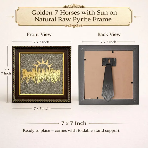 Zenvibes_Original_Pyrite_Stone_Frame_With_Vastu_7_Seven_Running_Horses_Sun_Wooden_Photo_Frame_Wall_Decor_For_Money_Wealth_Success_Protection_Certificate_Of_Authenticity_7x7_Inch_Wall_Desk_Decor