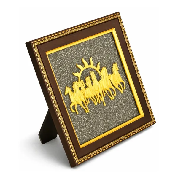 Zenvibes_Original_Pyrite_Stone_Frame_With_Vastu_7_Seven_Running_Horses_Sun_Wooden_Photo_Frame_Wall_Decor_For_Money_Wealth_Success_Protection_Certificate_Of_Authenticity_7x7_Inch_Wall_Desk_Decor