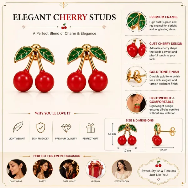 Cherry_Stud_Earrings_Explanation_Not_Part_Of_Output_Removed_Vrindaa_Sakhi_Brand_Charm_Marketing_For_Women_Girls_Can_Apply_Broadly_Gold_Plated_Enamel_Green_Leaf_Detailing_Cute_Fruit_Design_All_Descriptive_Variant_Details_Kept_Cherry_Core_Design_Element_Stud_Earrings_Product_Type