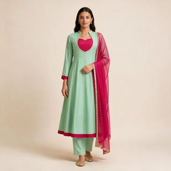 Green_And_Pink_Cotton_Anarkali_Suit_Set_For_Women