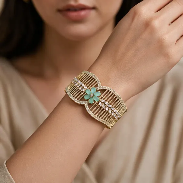 Gold_And_Green_Alloy_Cz_Floral_Cuff_Bracelet_For_Women