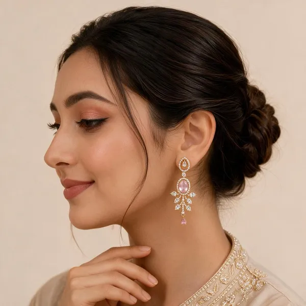 Pink_Alloy_Gemstone_Leaf_Chandelier_Earrings_For_Women
