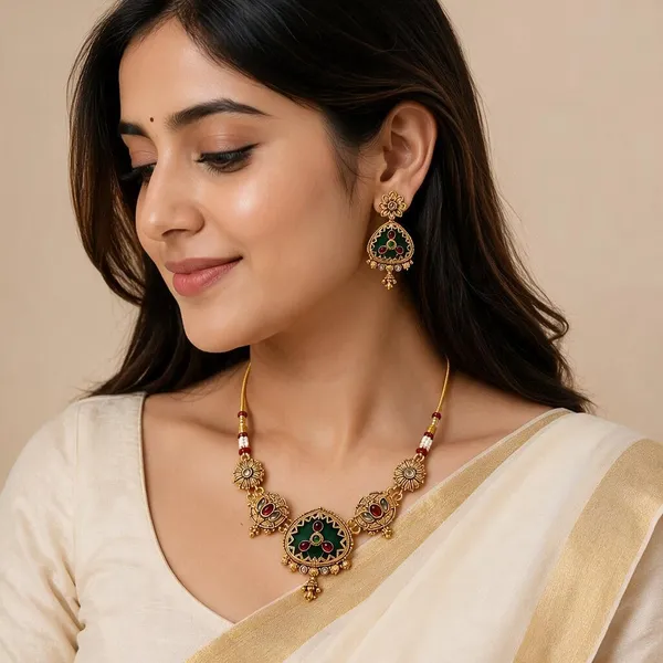 Gold_And_Green_Alloy_Meenakari_Necklace_Set_For_Women