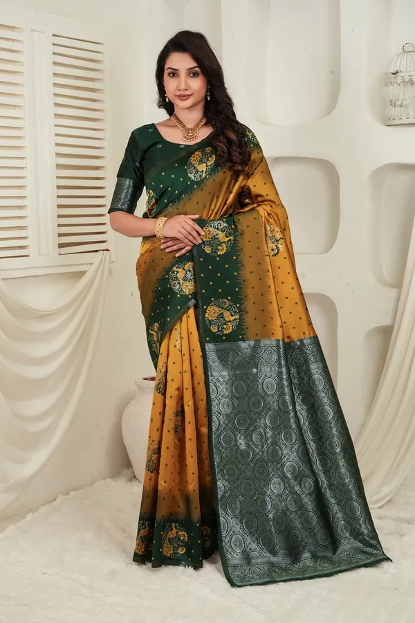Green_And_Mustard_Gold_Jacquard_Silk_Saree_Default_Title