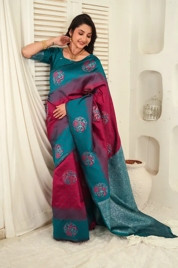 Teal_Green_Wine_Jacquard_Silk_Saree_Default_Title