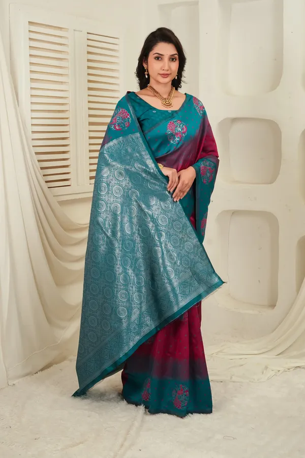 Teal_Green_Wine_Jacquard_Silk_Saree_Default_Title