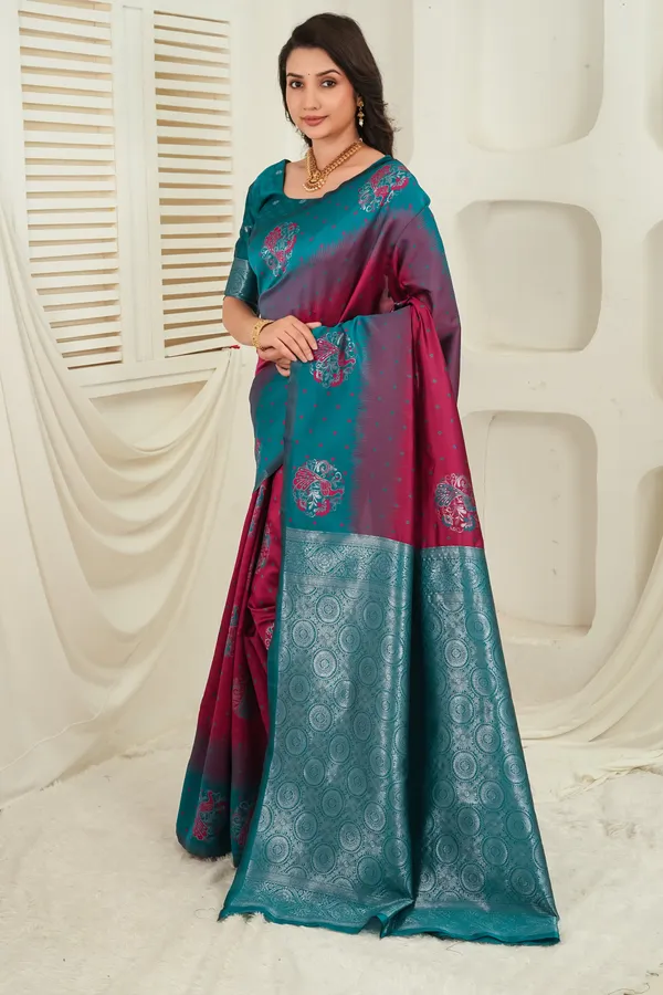 Teal_Green_Wine_Jacquard_Silk_Saree_Default_Title