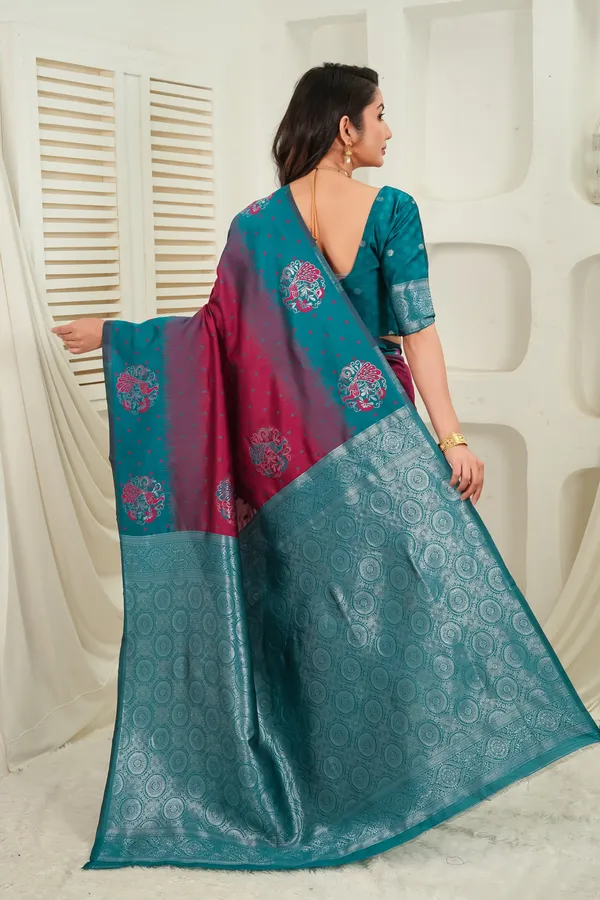 Teal_Green_Wine_Jacquard_Silk_Saree_Default_Title