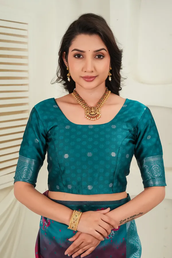 Teal_Green_Wine_Jacquard_Silk_Saree_Default_Title