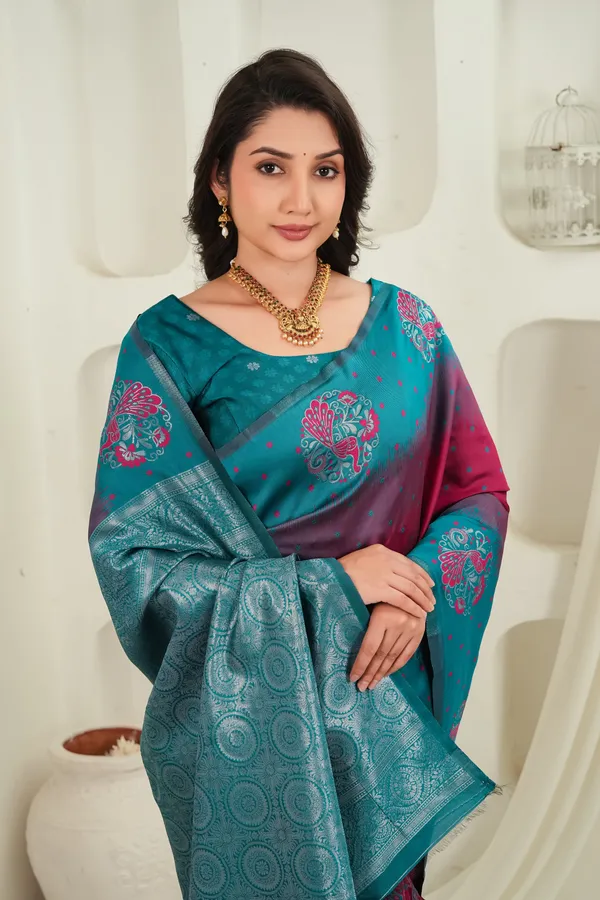 Teal_Green_Wine_Jacquard_Silk_Saree_Default_Title