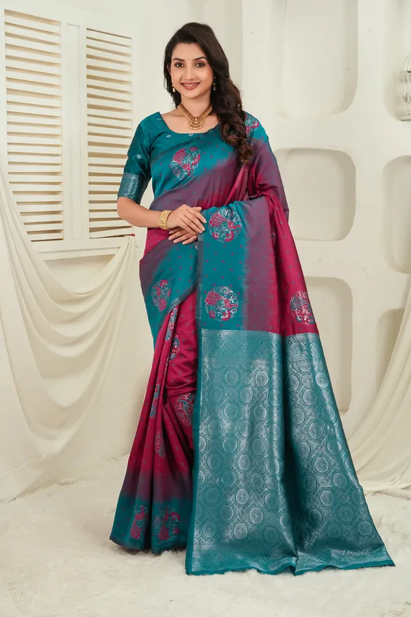 Teal_Green_Wine_Jacquard_Silk_Saree_Default_Title