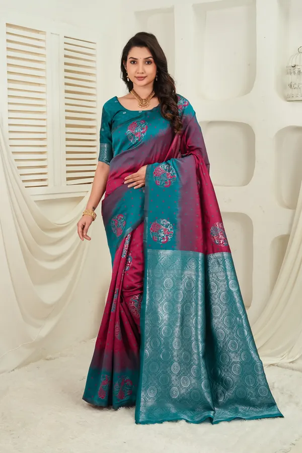 Teal_Green_Wine_Jacquard_Silk_Saree_Default_Title