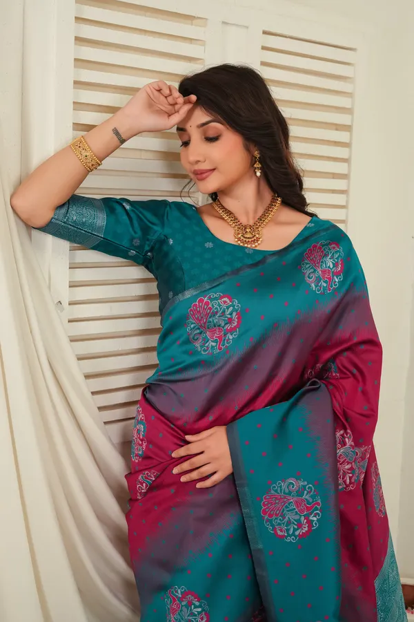 Teal_Green_Wine_Jacquard_Silk_Saree_Default_Title