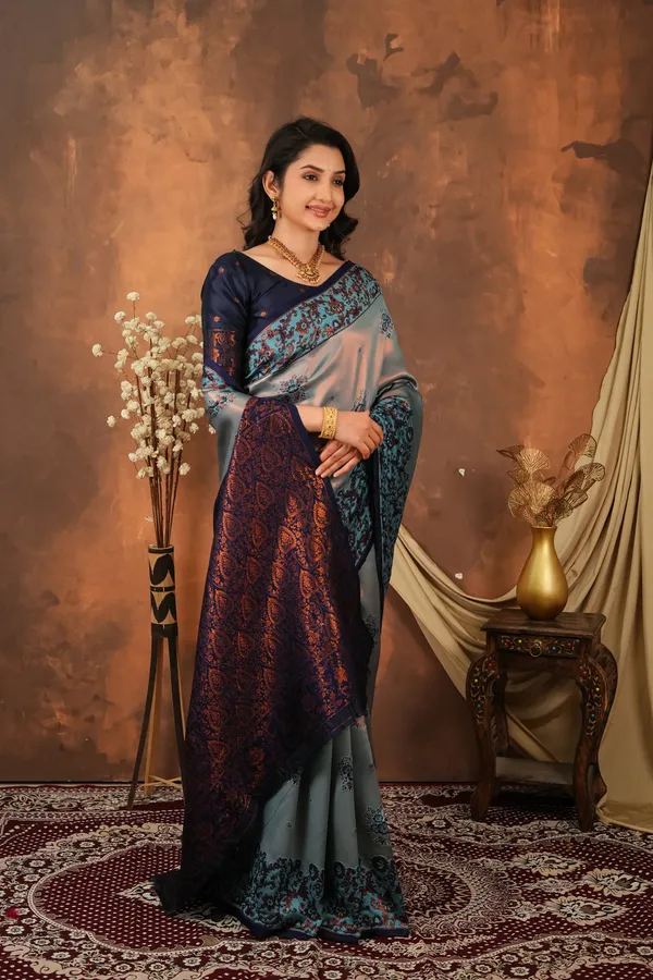 Steel_Grey_Navy_Blue_Jacquard_Silk_Saree_Default_Title