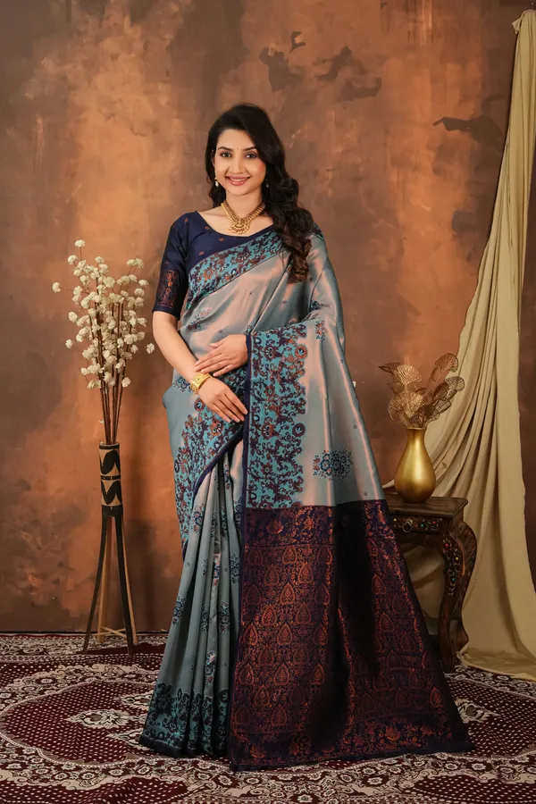 Steel_Grey_Navy_Blue_Jacquard_Silk_Saree_Default_Title