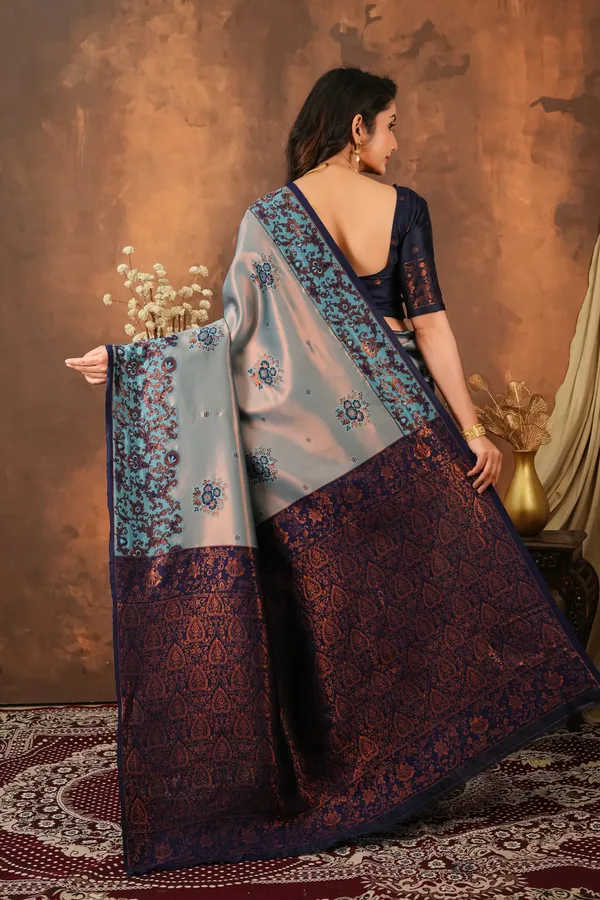 Steel_Grey_Navy_Blue_Jacquard_Silk_Saree_Default_Title