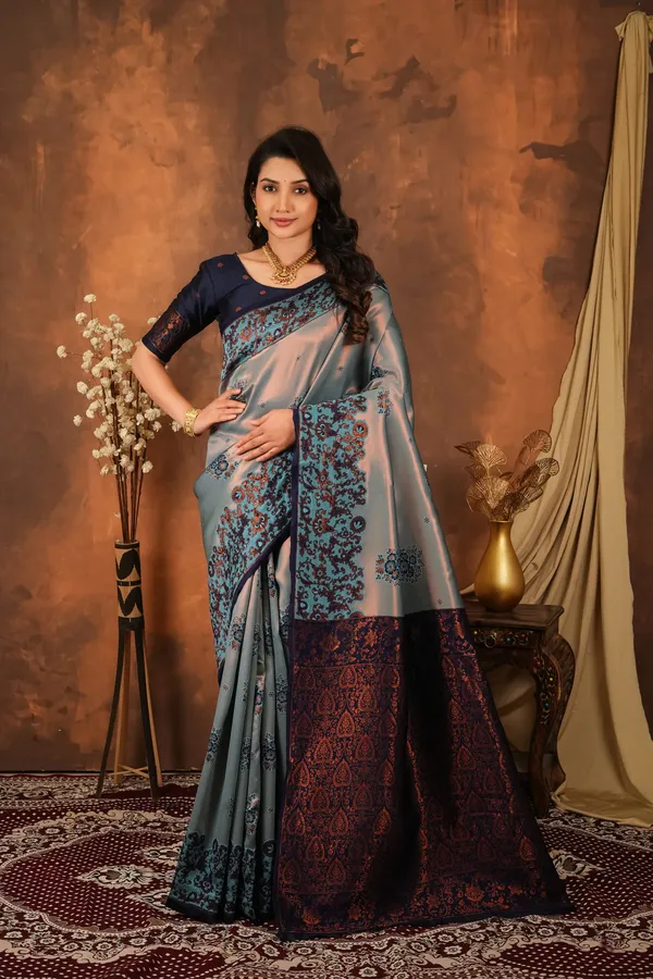 Steel_Grey_Navy_Blue_Jacquard_Silk_Saree_Default_Title