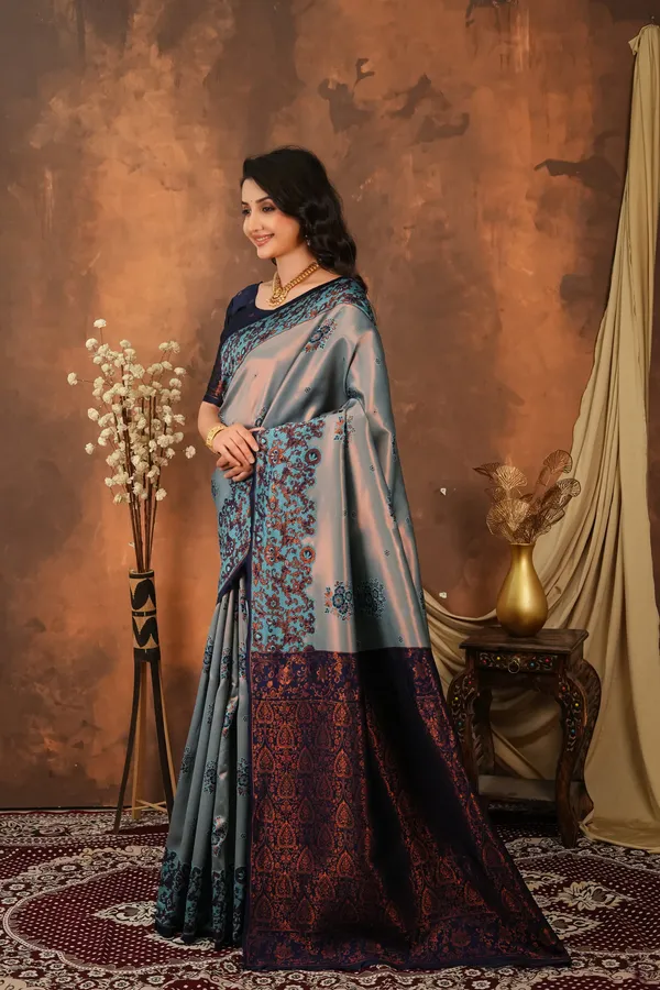 Steel_Grey_Navy_Blue_Jacquard_Silk_Saree_Default_Title
