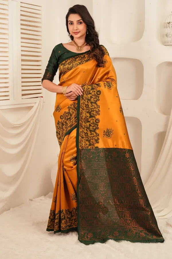 Mustard_Gold_Bottle_Green_Jacquard_Silk_Saree_Default_Title