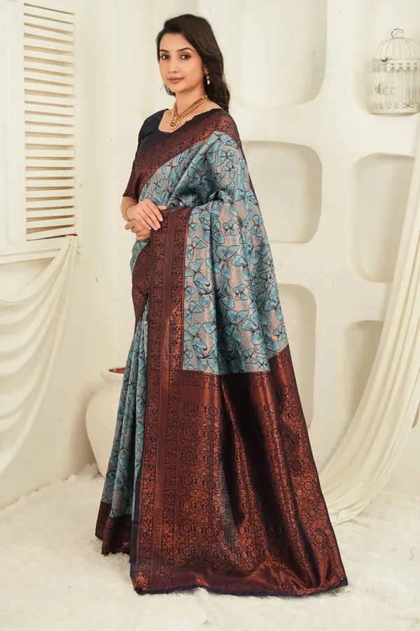 Navy_Blue_Teal_Butterfly_Motif_Jacquard_Silk_Saree_Default_Title