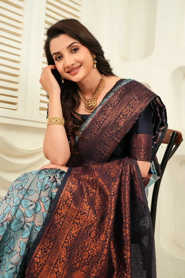 Navy_Blue_Teal_Butterfly_Motif_Jacquard_Silk_Saree_Default_Title