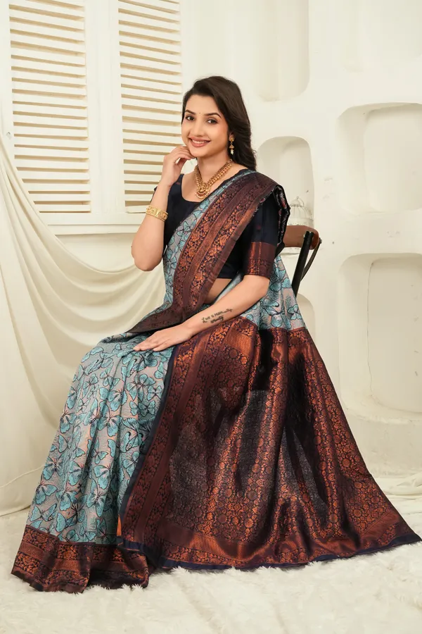 Navy_Blue_Teal_Butterfly_Motif_Jacquard_Silk_Saree_Default_Title